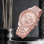 Gosasa Luxury Unisex Crystal Diamond Watches Quartz Digital Calendar Rose Gold Silver Stainless Steel Watch - Image 3